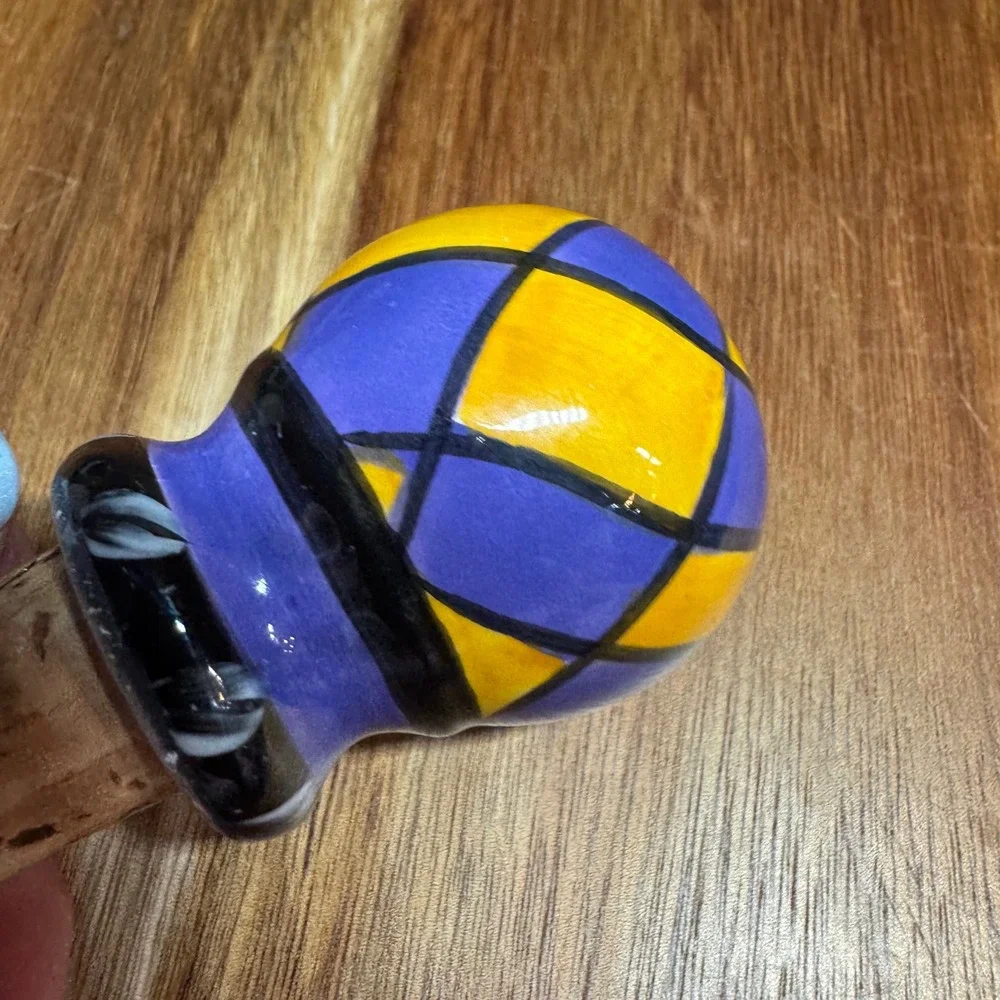 Hand Painted Ceramic Wine Bottle Stopper Purple Yellow Harlequin Geometric Cork